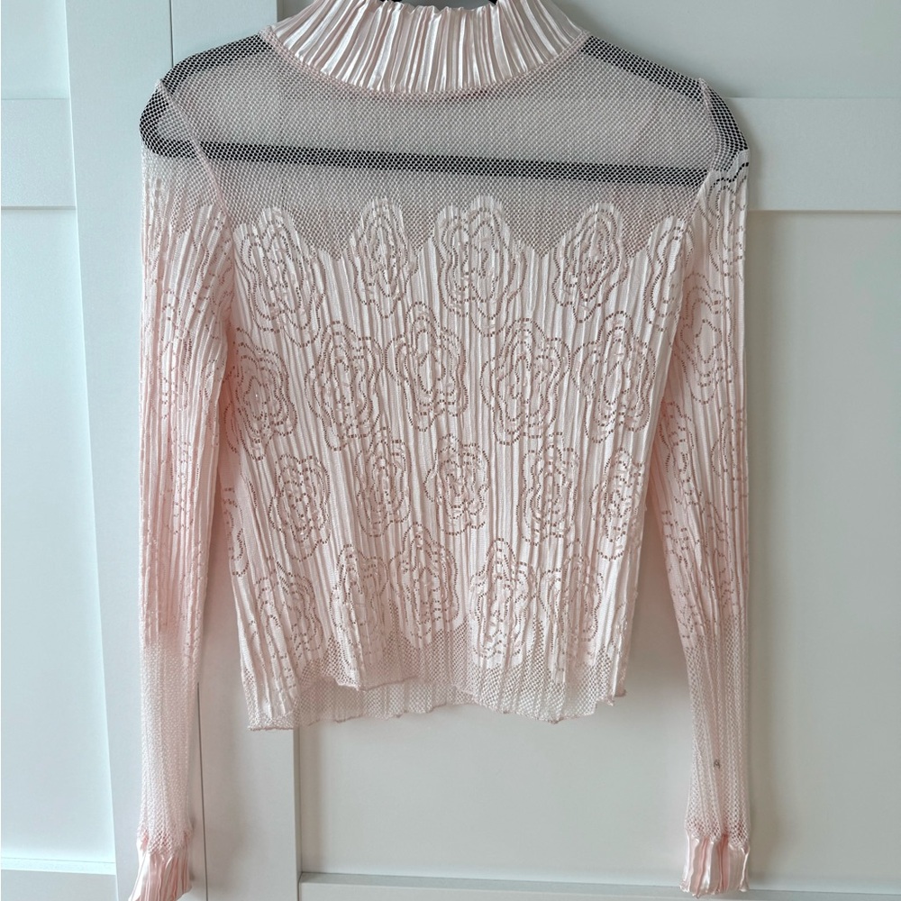 Pink Pleated and Sheer Long Sleeve Blouse. Has cute sequins.